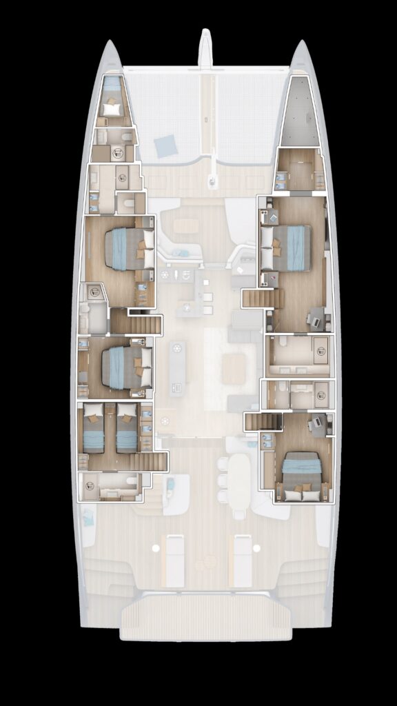 5-kajutová verze Lagoon EIGHTY2 s kuchyní v plováku a oddělenými prostory pro posádku